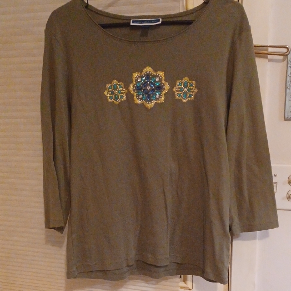 Karen Scott Embellished 3/4 Sleeve Olive Green Blouse Large